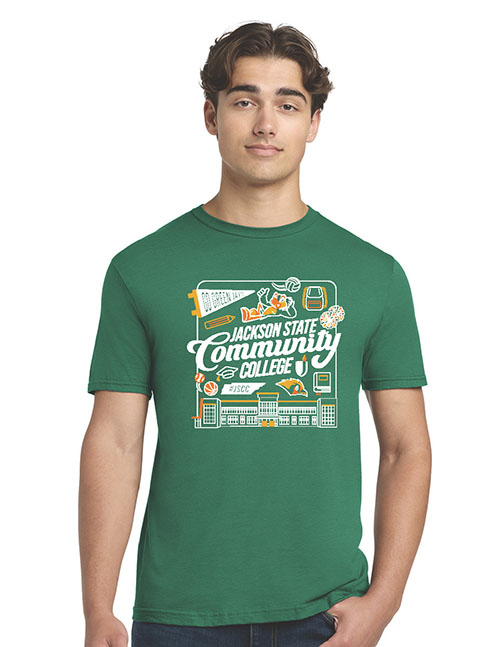 A man wears a green t-shirt showing the JSCC Homecoming Week 2025 design.