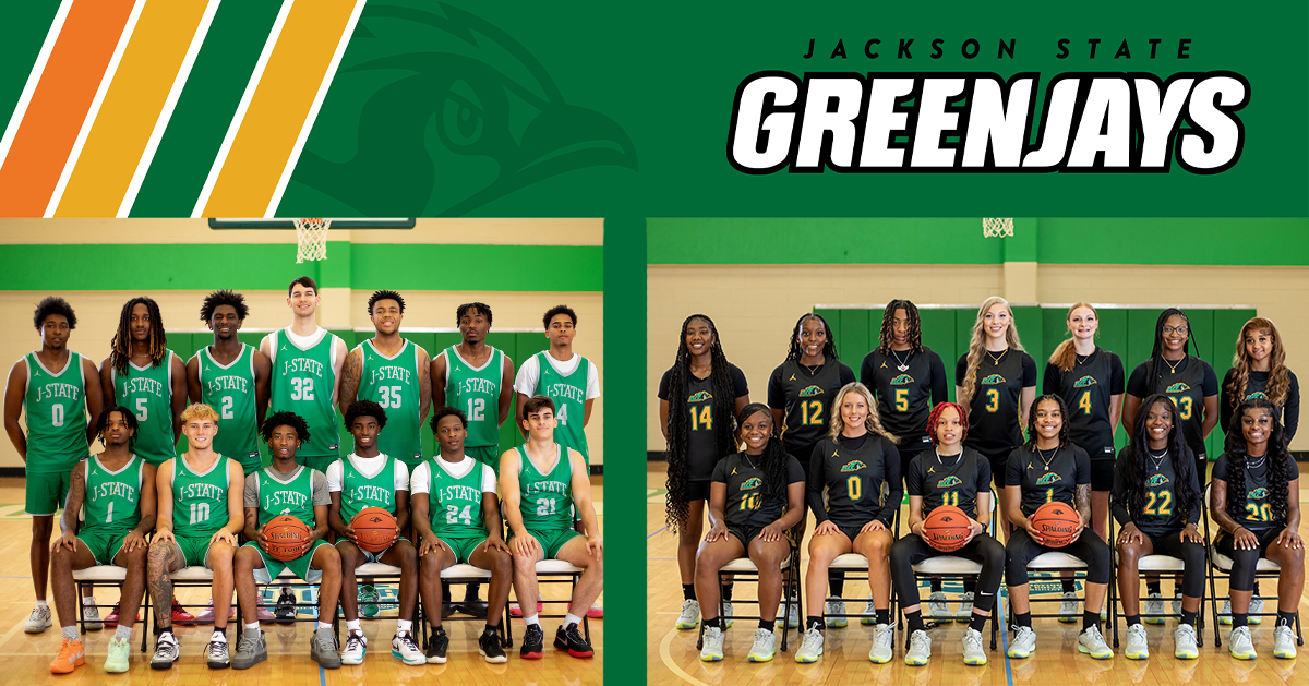 Graphic of both the Men's and Women's Team Photo for the 2024-2025 teams with a branded Jackson State Green Jays header at the top with the JSCC Green Jay Mascot Logo