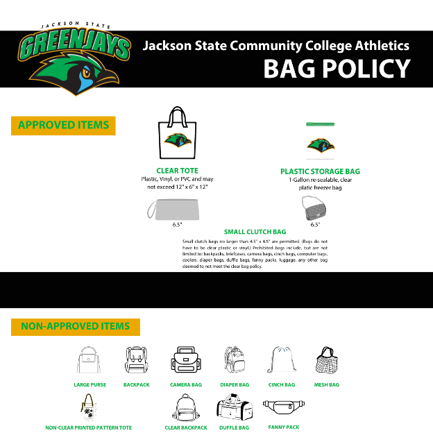 Graphic explaining the clear bag policy along with what types of bags are or not allowed.