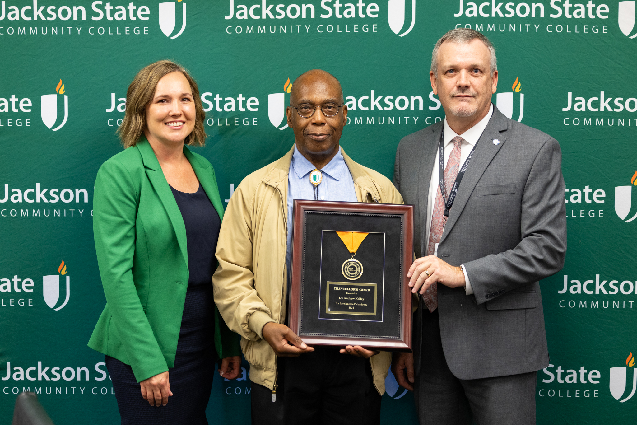 Left to Right: JSCC President Dr. Rothstein, Dr. Kelley, and Dr. Jeff Sisk pose for a photo as Dr. Kelley is presented with the TBR Chancellor's Philanthropy Award.