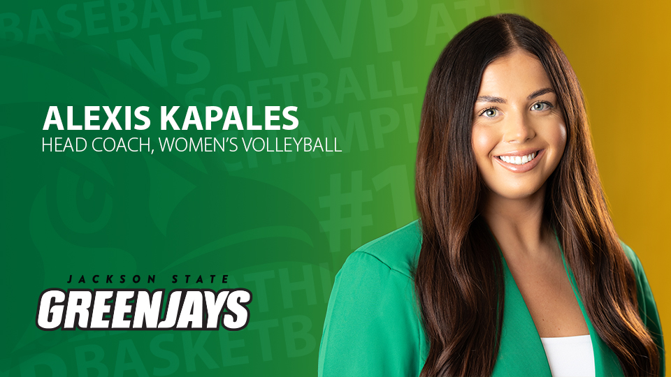 Graphic announcing Alexis Kapales as the new head coach of JSCC Women's Volleyball, featuring her headshot.