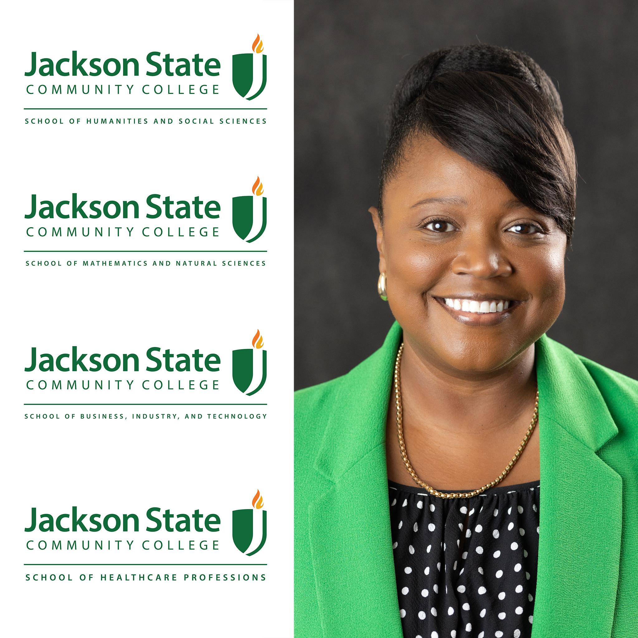 Names of new JSCC Divisions along with a headshot of Chrystal Taylor, the new Dean of the School of Healthcare Professions