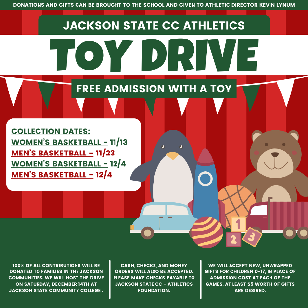 JSCC Athletics Toy Drive Collection Dates and Free Admission Flyer. Flyer shows that if someone brings an unopened gift to any basketball game leading up to December 14th that they can get in free. Gifts are for age newborn to 17.