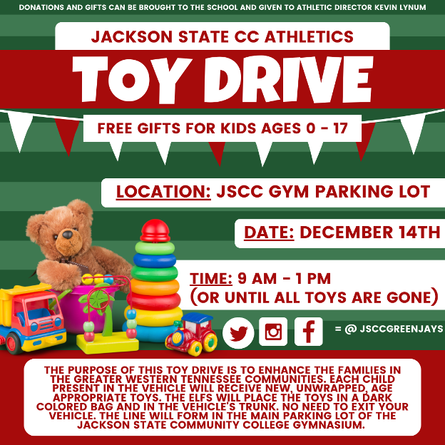 Flyer showing toy drive information for the JSCC Athletics Toy Drive taking place December 14th from 9 a.m. until 1 p.m. in front of the gymnasium (also known as THE NEST).