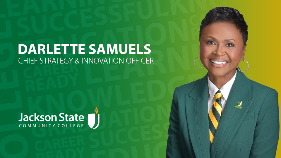 Graphic showcasing Darlette Samuels to the right, with her title displayed to the left that says her name along with