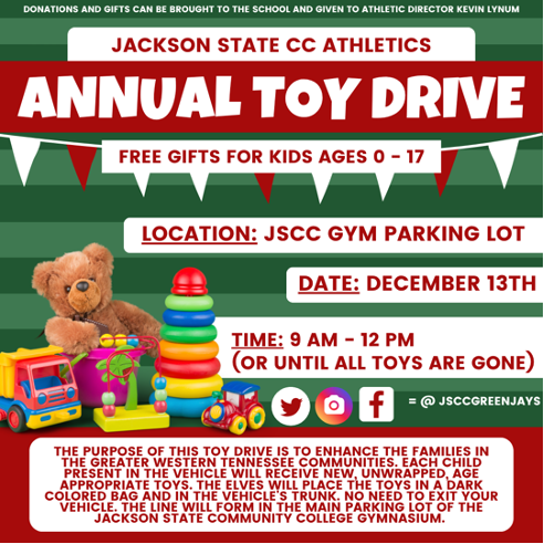 Promotional graphic for Jackson State Community College Athletics Annual Toy Drive. The design features a festive red and green theme with white text and decorative pennant banners. A teddy bear, colorful stacking rings, toy truck, and wrapped gift are displayed at the bottom left. Main text reads: “Annual Toy Drive – Free gifts for kids ages 0–17.” Event details: Location: JSCC Gym Parking Lot; D