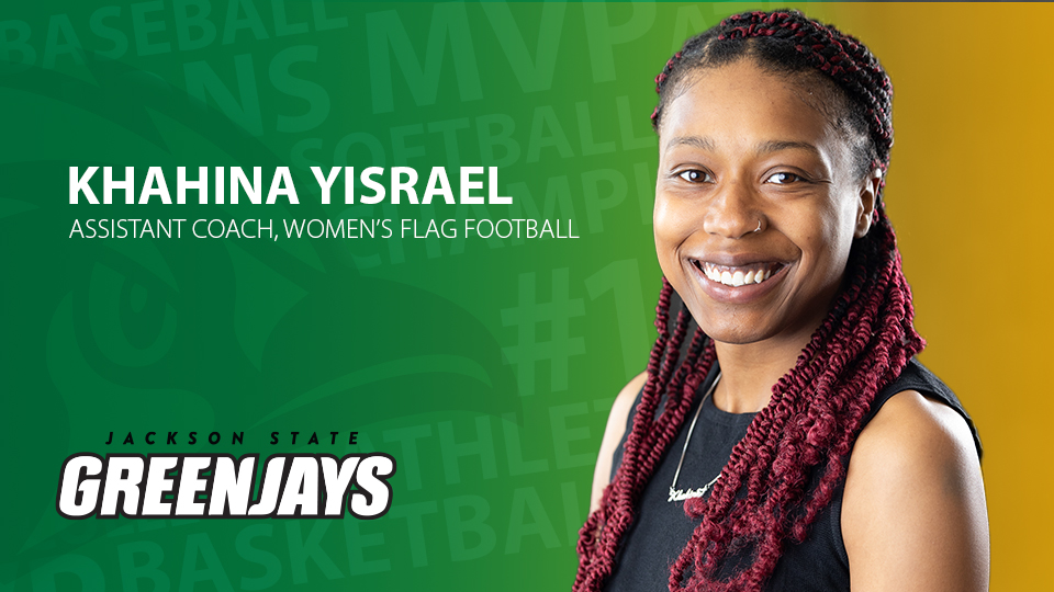 Promo image of Khahina Yisrael announcing her as the new Assistant Women's Flag Football Coach at JSCC. Her portrait photo is featured alongside her name, title, and the Green Jay logo.