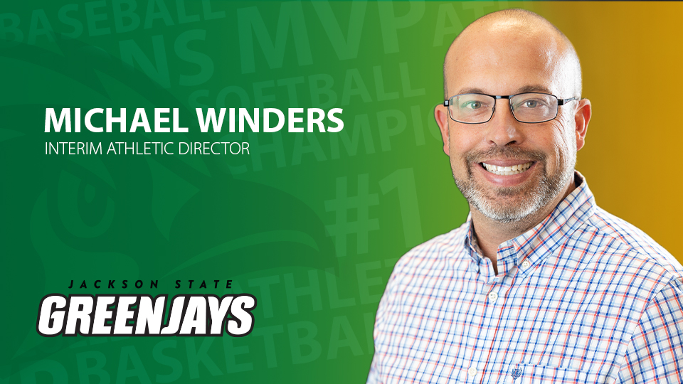 Photo graphic showing Michael Winders’ studio portrait with name and title of interim athletic director.